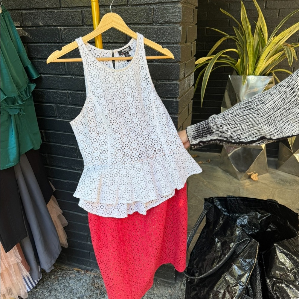 White Lace Peplum Top and Red Skirt Set